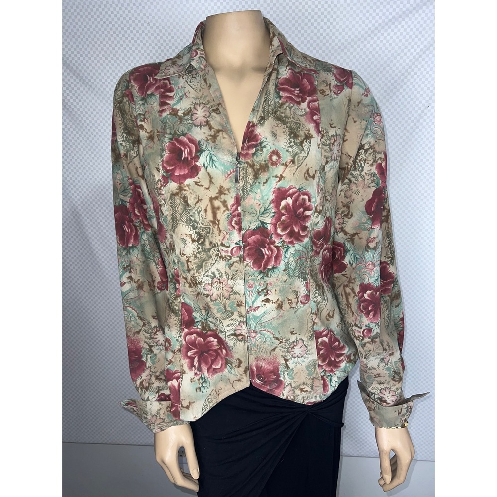Vintage Floral Rose Print Zip Front Long Sleeve Blouse Burgundy Teal Tan Y2K 90'